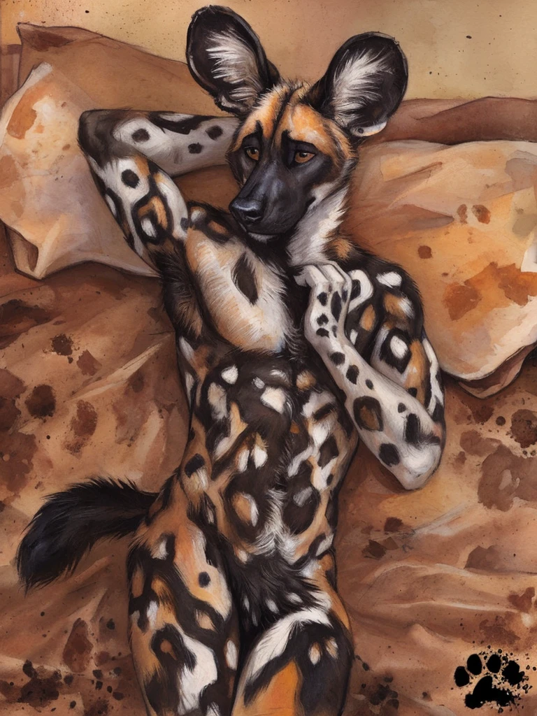 (solo:2), anthro, African Wild Dog, feminine body, shy, male, shaggy fur, tail, detailed background, bed background, (by blotch), in bed, sexy, genitalia,