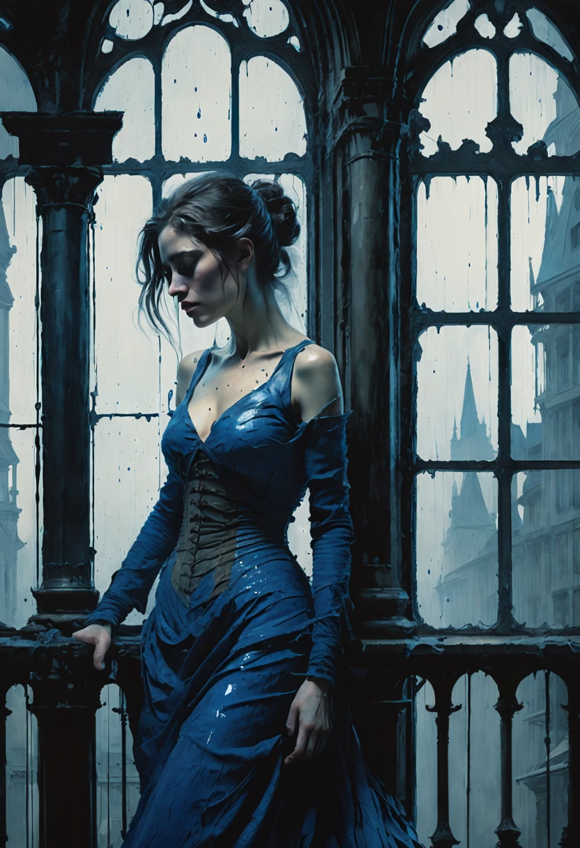 The princess is locked in a tower, crying loudly all over in tears. Beautiful cinematic impressionistic painting, Dark Gloomy Creepy Character, in the style of Jeremy Mann and Charles Dana Gibson, Mark Demsteader, Paul Hedley. Tint of lapis lazuli and atrovirene, ultra HD 8k, photorealism, ultra detail, 8k/beep woman photo-negative refractograph --ar 8:10 --v 6.0.ideal body anatomy, photo-negative refractograph --ar 3:5 --s 50.
