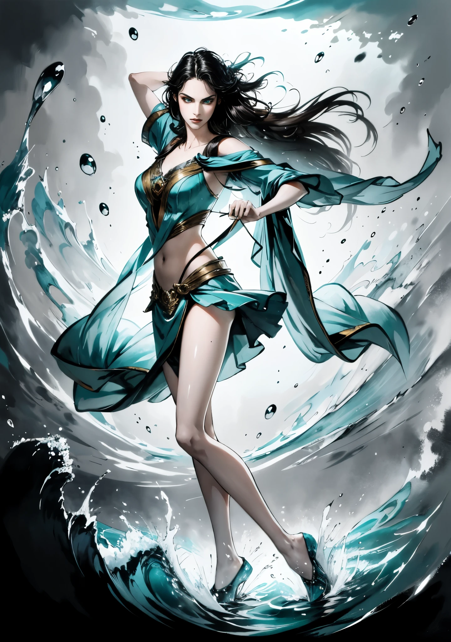 A beautiful woman with cascading waves of aqua-blue long hair, exquisite facial features, a melancholic expression, delicate and bright eyes, skin as smooth and radiant, her slender and graceful figure dances like water splashes in the wind, a splendid fantasy-style islander ethnic costume, a short skirt resembling ocean waves, her slender legs leap lightly above the water surface, surrounded by splashing droplets that dance in the air, this character embodies a finely crafted fantasy-style female dancer in anime style, exquisite and mature manga art style, high definition, best quality, highres, ultra-detailed, ultra-fine painting, extremely delicate, professional, anatomically correct, symmetrical face, extremely detailed eyes and face, high quality eyes, creativity, RAW photo, UHD, 8k, Natural light, cinematic lighting, masterpiece-anatomy-perfect, masterpiece:1.5