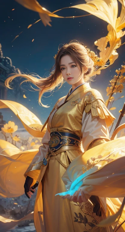 highly detailed artwork, Tall characters, alcohol ink painting style, Stand out with gold highlights.. The subject is a skilled Chinese female warrior with long, flowing hair., Bright skin, and wore a beautiful pastel yellow hanfu-inspired outfit.. She held a golden long sword in her hand., Falling gracefully from the sky with clothes and hair blowing in the wind., Create a captivating scene. The composition consists of the play of light and shadow., The Forbidden City is the background., And the camera angle will be higher when the character descends.."