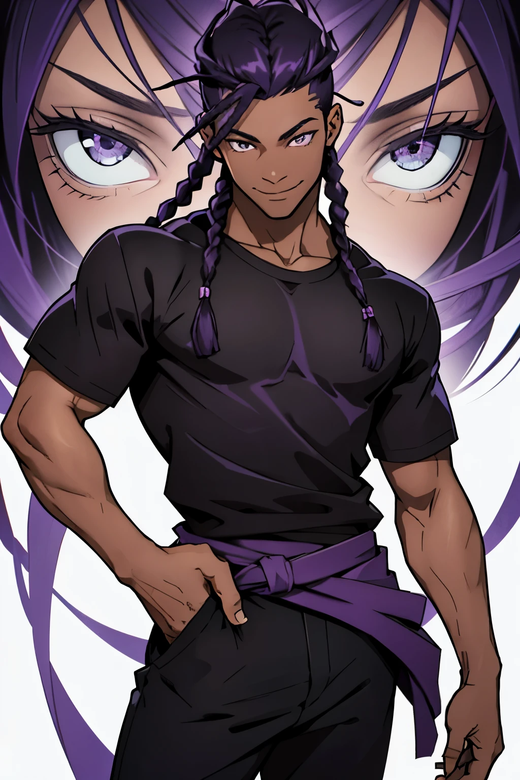 black young man, black and purple hair with two braids, olhos purpura, camiseta branca, black pants, sorriso arrogante, hunter's eyes, face calma, fortinho