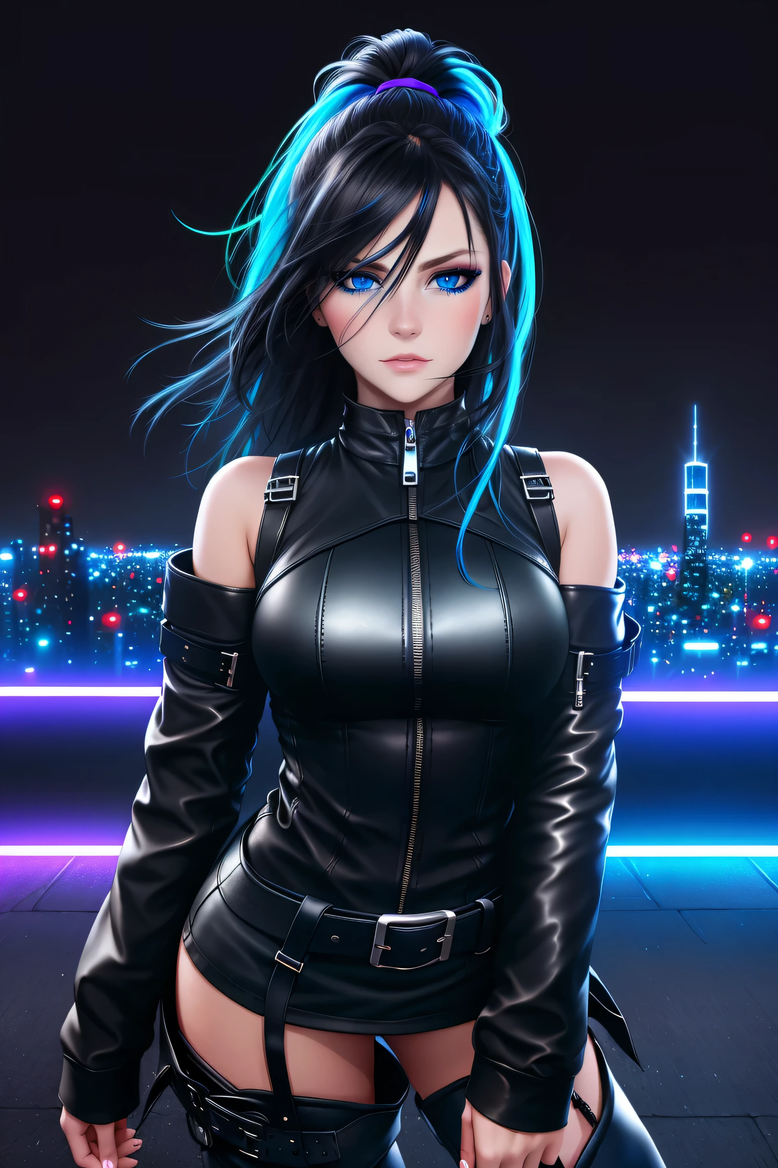 beautiful girl, full body, bright blue neon streaked dishevelled hair, ((large light realistic detailed eyes:1.3)), ((seductive pose:1.5)), black eyeshadow, (street style wear:1.2), ((tight fitted short skirt)), ((thigh high leather boots:1.3)), ((dark city night black background:1.4)), dark makeup, digital art, trending on artstation, highly detailed, fine detail, intricate, beautiful detailed glow, detailed, Cinematic light, high-res, detailed facial features, sharp focus, smooth, aesthetic,