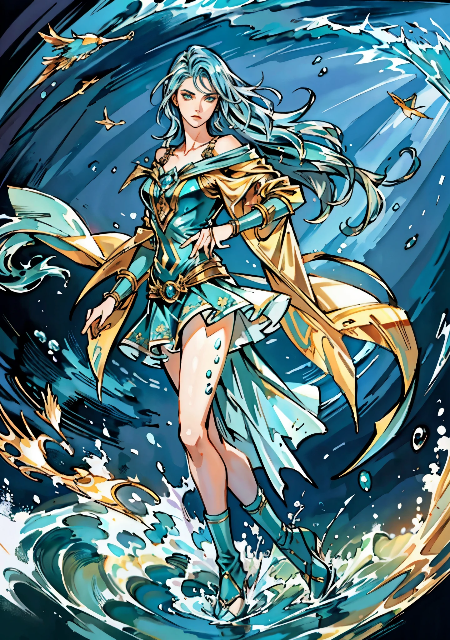 A beautiful woman with cascading waves of aqua-blue long hair, exquisite facial features, a melancholic expression, delicate and bright eyes, skin as smooth and radiant as polished jade, her slender and graceful figure dances like water splashes in the wind, a splendid fantasy-style islander ethnic costume, a short skirt resembling ocean waves, her slender legs leap lightly above the water surface, surrounded by splashing droplets that dance in the air, this character embodies a finely crafted fantasy-style female dancer in anime style, exquisite and mature manga art style, high definition, best quality, highres, ultra-detailed, ultra-fine painting, extremely delicate, professional, anatomically correct, symmetrical face, extremely detailed eyes and face, high quality eyes, creativity, RAW photo, UHD, 8k, Natural light, cinematic lighting, masterpiece-anatomy-perfect, masterpiece:1.5