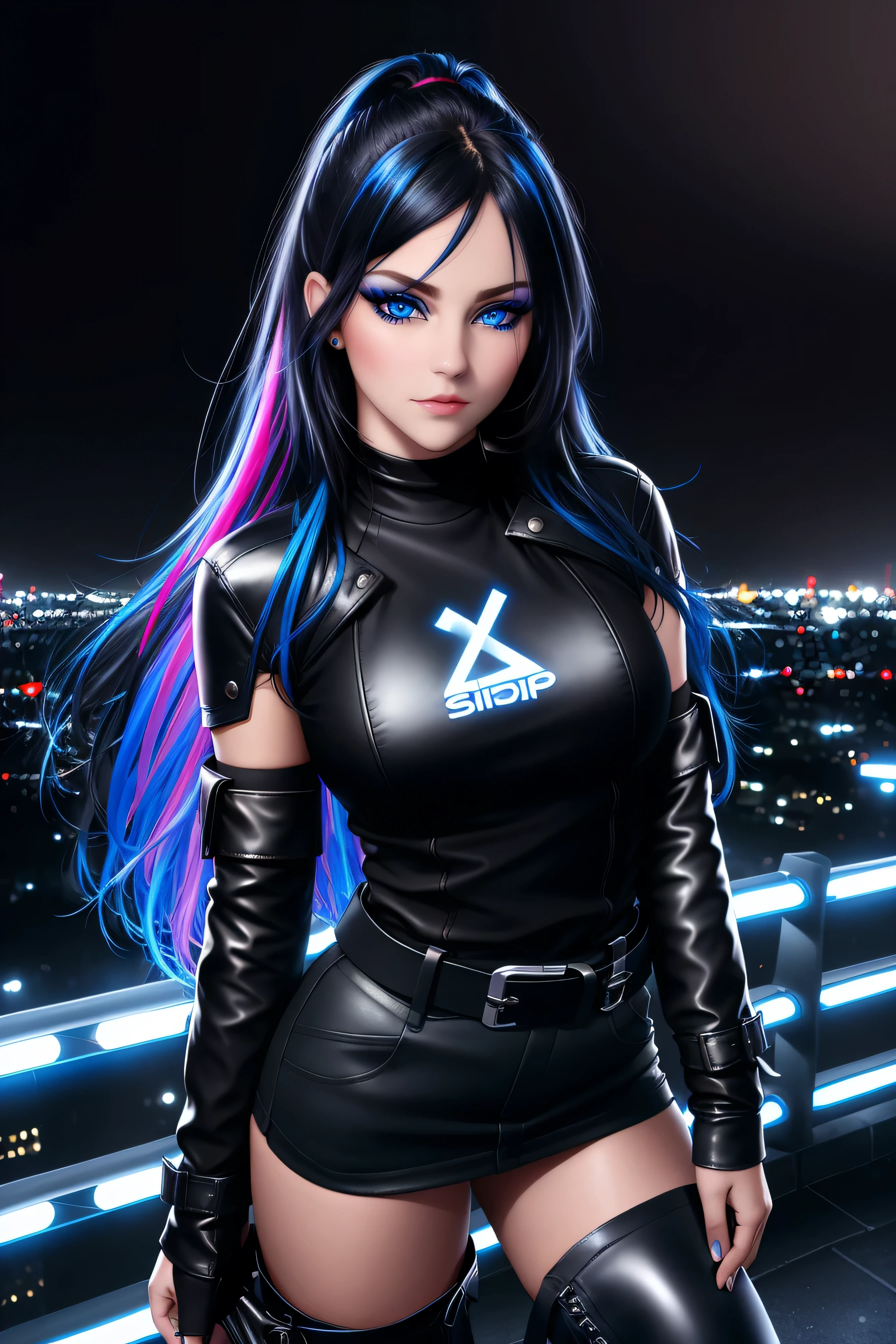 beautiful girl, full body, bright blue neon streaked dishevelled hair, ((large light realistic detailed eyes:1.3)), ((seductive pose:1.5)), black eyeshadow, (street style wear:1.2), ((tight fitted short skirt)), ((thigh high leather boots:1.3)), ((dark city night black background:1.4)), dark makeup, digital art, trending on artstation, highly detailed, fine detail, intricate, beautiful detailed glow, detailed, Cinematic light, high-res, detailed facial features, sharp focus, smooth, aesthetic,
