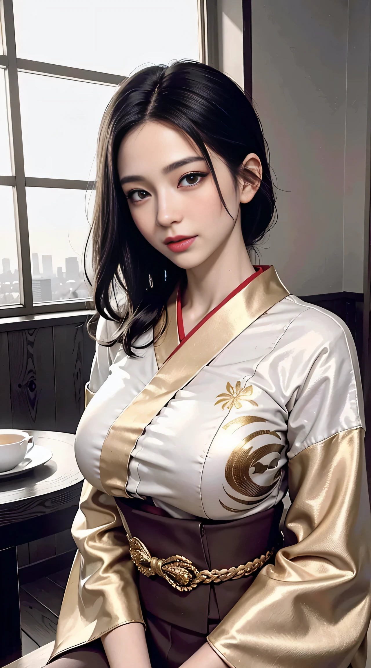 A close up of a woman in a kimono sitting on a chair - SeaArt AI