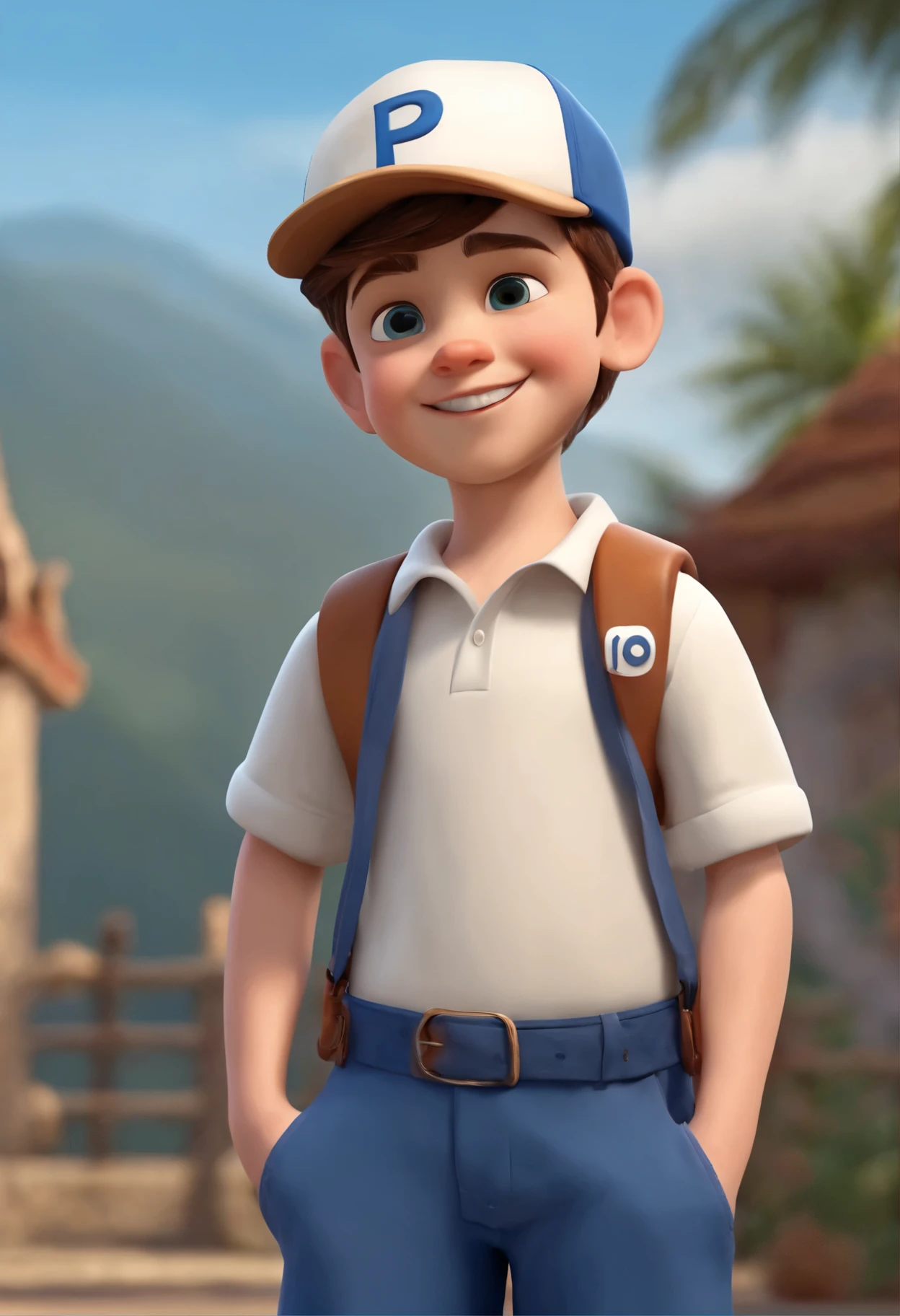 A happy cute boy standing short hair with dark blue cap , vestindo uma camisa azul , , fundo branco, barnet, Tom, Estilo Pixar, ......3d, desenhos animados, rosto detalhado, asymmetrical 16k, create an image of a boy with a white shirt with the letter P written on the shirt, with a white cap and a blue P on the cap, and blue pants, white background, pointing to the side Disney pixar style