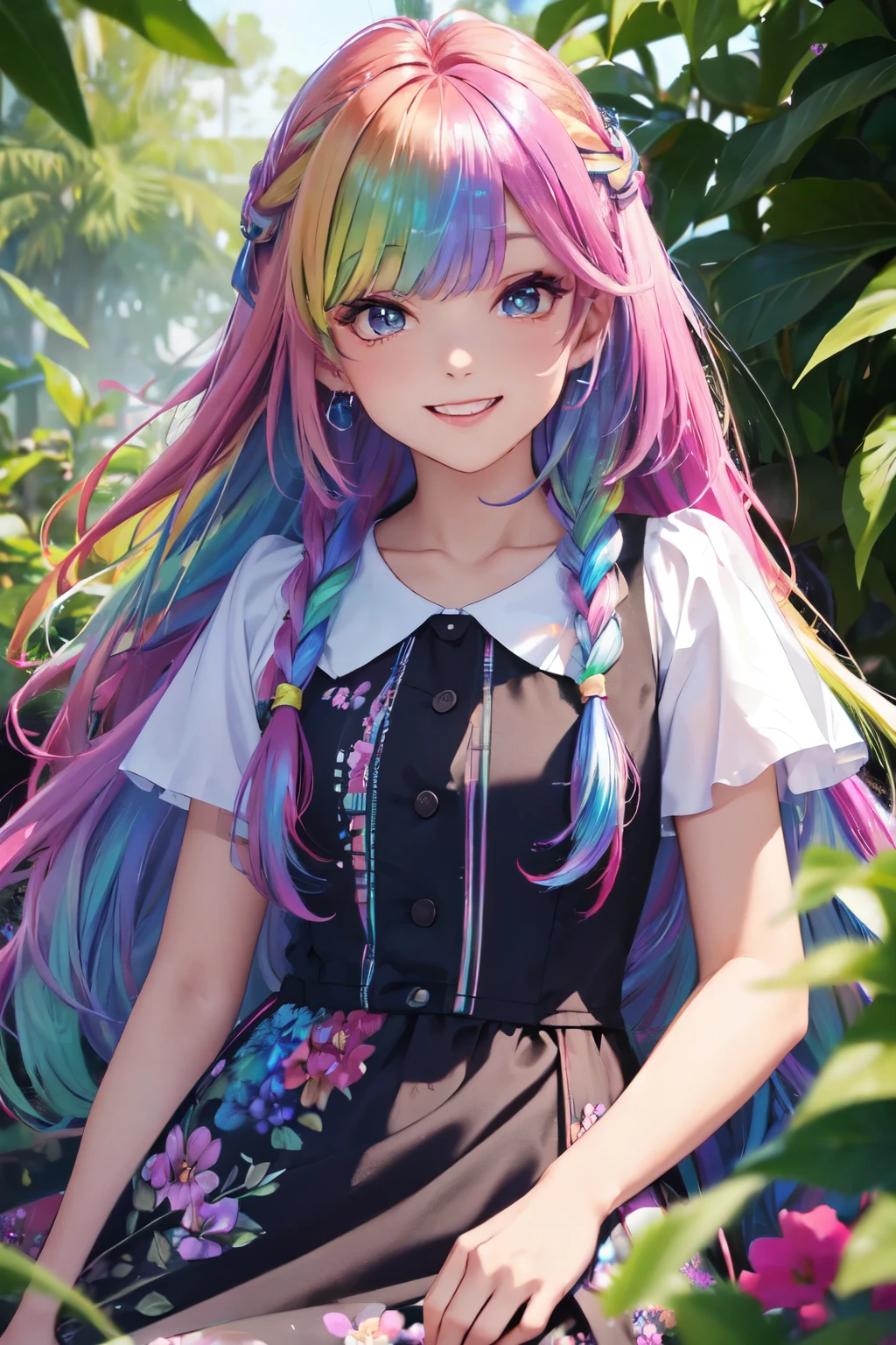 （In 8K, best quality, muste piece:1.3)、ultra high resolution,1 female 、ultra-detailed face,detailed eyes,open mouth,laughing,((Rainbow Hair)),asymmetrical bangs,twin braids,BREAK,((flower dress)),ruffle skirt,BREAK,(iridescent light:1.4),botanical garden