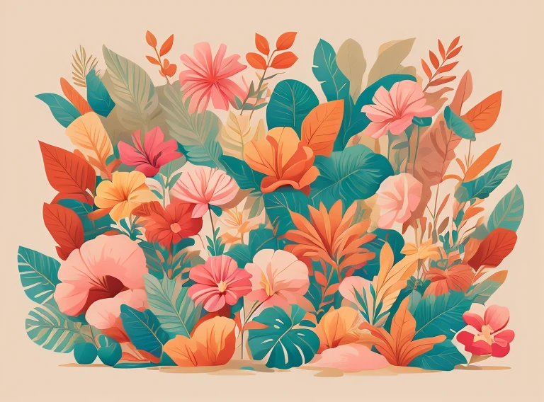Flora Print,Soft beige,pastel pink,Tropical plants,rzminjourney,vectorial art,Design loops