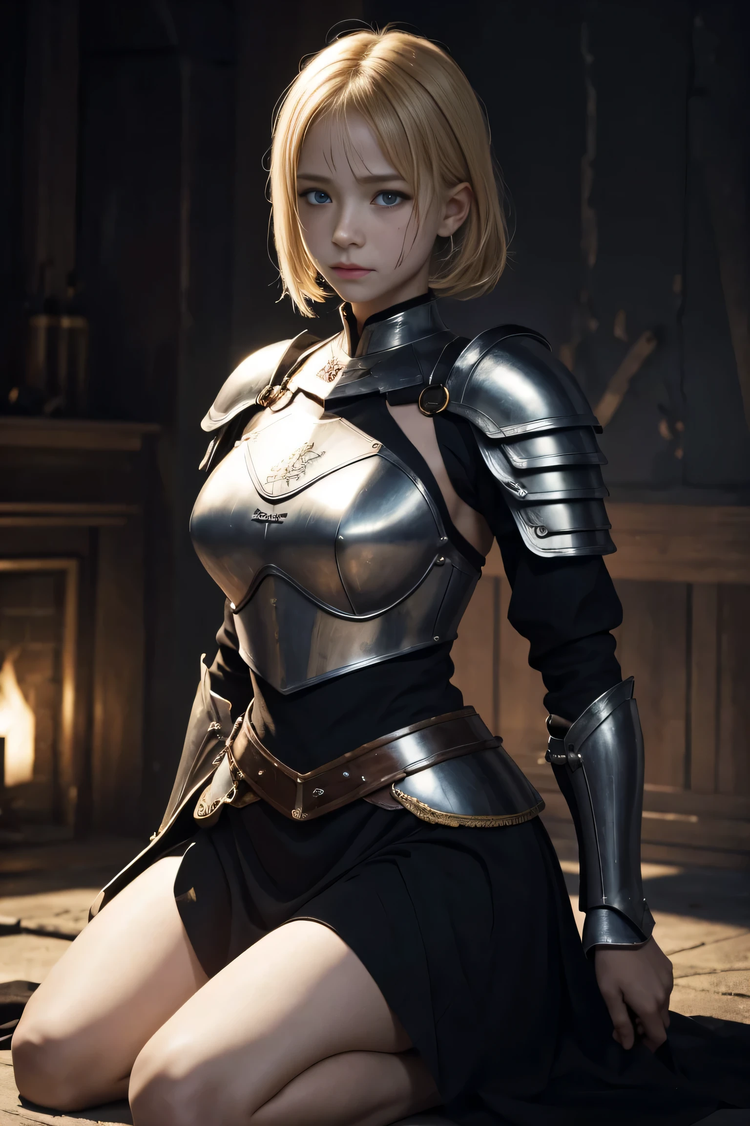 8K,超A high resolution,((Top image quality)), ((​masterpiece)), (high-detail:1.3), Joan of Arc,Blue eyes,(full body), No Make Look,Blonde shorthair,Woman in Black Armor、large full breasts,Meticulous in the details of the decoration of the chest armor、Scenes of armor damage during the war, (Midnight, a dark night, (Blurred background), ), (No people in the background:1.3),(Bruises and blood stains on the face and body、injuries on body、Damage、Wounds and cuts:1.2),