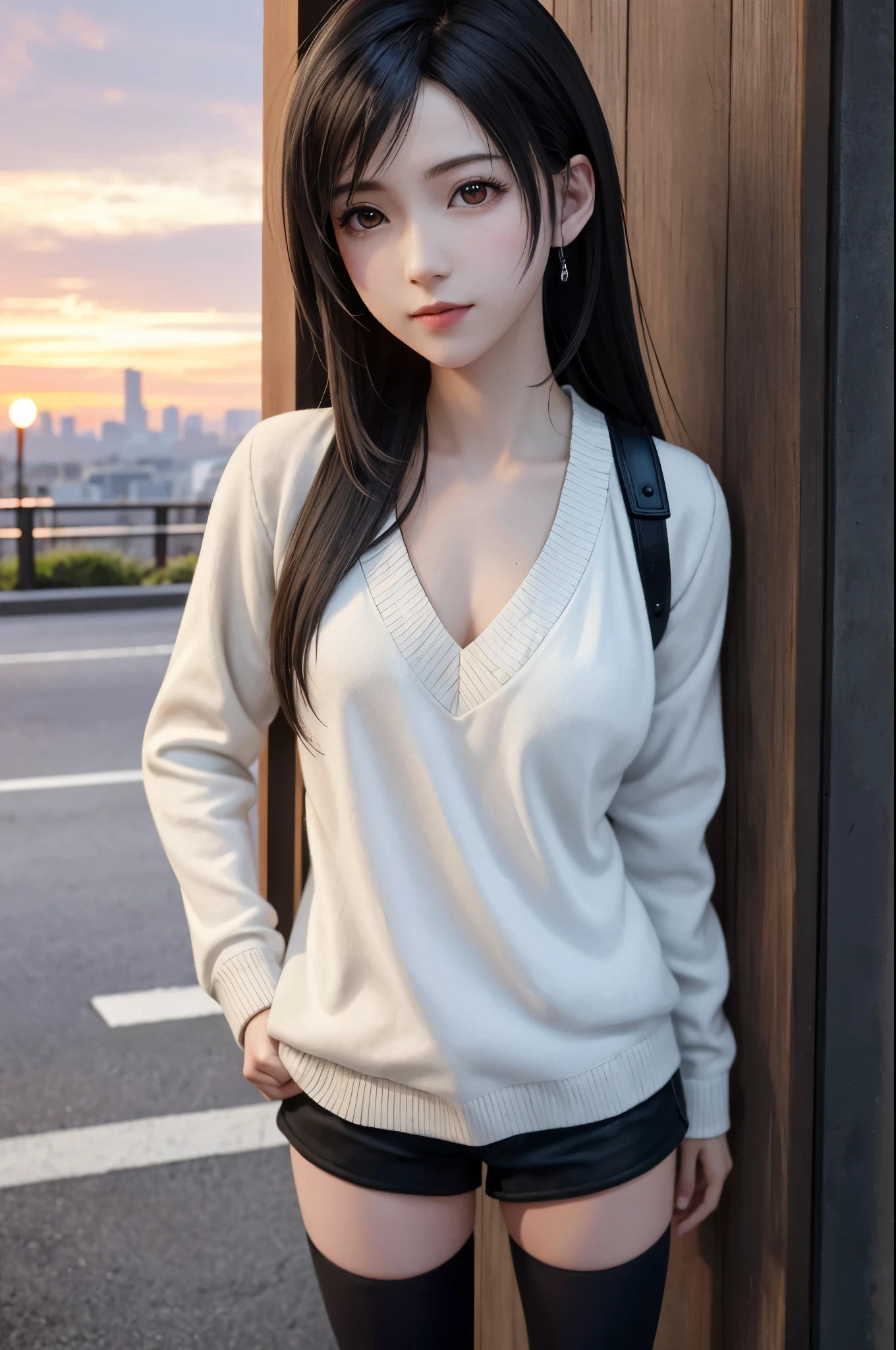 (top quality, masutepiece: 1.1), (Realistic: 1.3), (photoRealistic: 1.3), BREAK (((FF7,Tifa_lockhart))),(solo,Tifa:1.2),(loose knit dress:1.3,oversized sweater:1.3,long sleeve:1.2,white),(short pants),(tight very long boots:1.2),(background big city,shibuya:1.1,night:1.3,neon:1.2),(model pose:1.3),Ultra-detailed face, Detailed eyes,Red eyes, BREAK (((FF7,Tifa_lockhart))),(black brown hair, Large breasts: 1.2), BREAK (no bra),(Small and beautiful hard nipple) , About 18 years old,kawaii,(face focus:1.0,face close up:1.0),sensual,zettai_ryouiki:1.1,looking at viewer,cowboy shot,behaind wall,standing