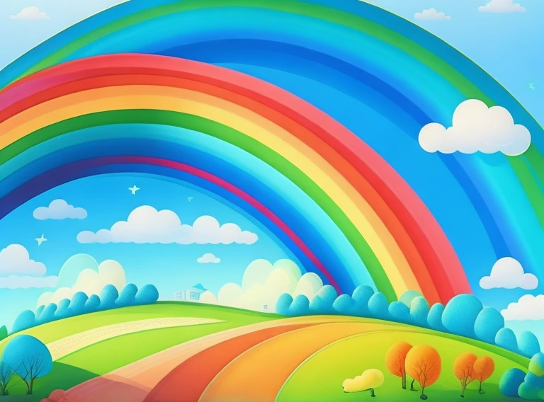 A landscape with a bright blue sky and a rainbow that stretches over a lush green field. Each color of the rainbow is well defined and intense, magica, children's picture book