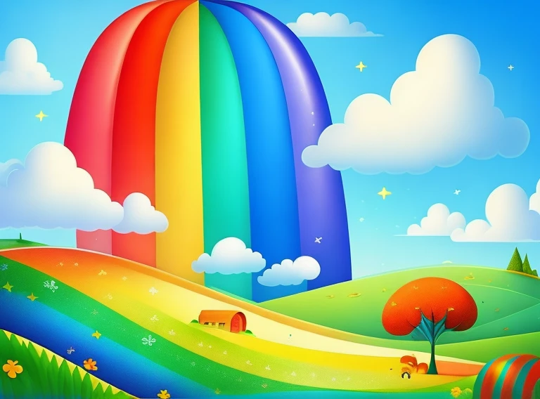A landscape with a bright blue sky and a rainbow that stretches over a lush green field. Each color of the rainbow is well defined and intense, magica, children's picture book