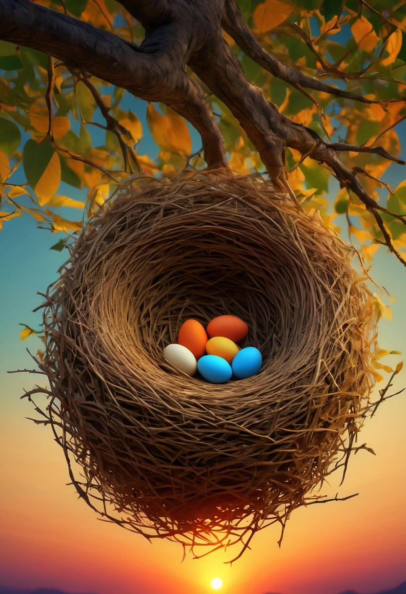 Silhouette of bird nest, panoramic, Ultra high saturation, bright and vivid colors, intricate, (best quality, masterpiece, Representative work, official art, Professional, 8k)