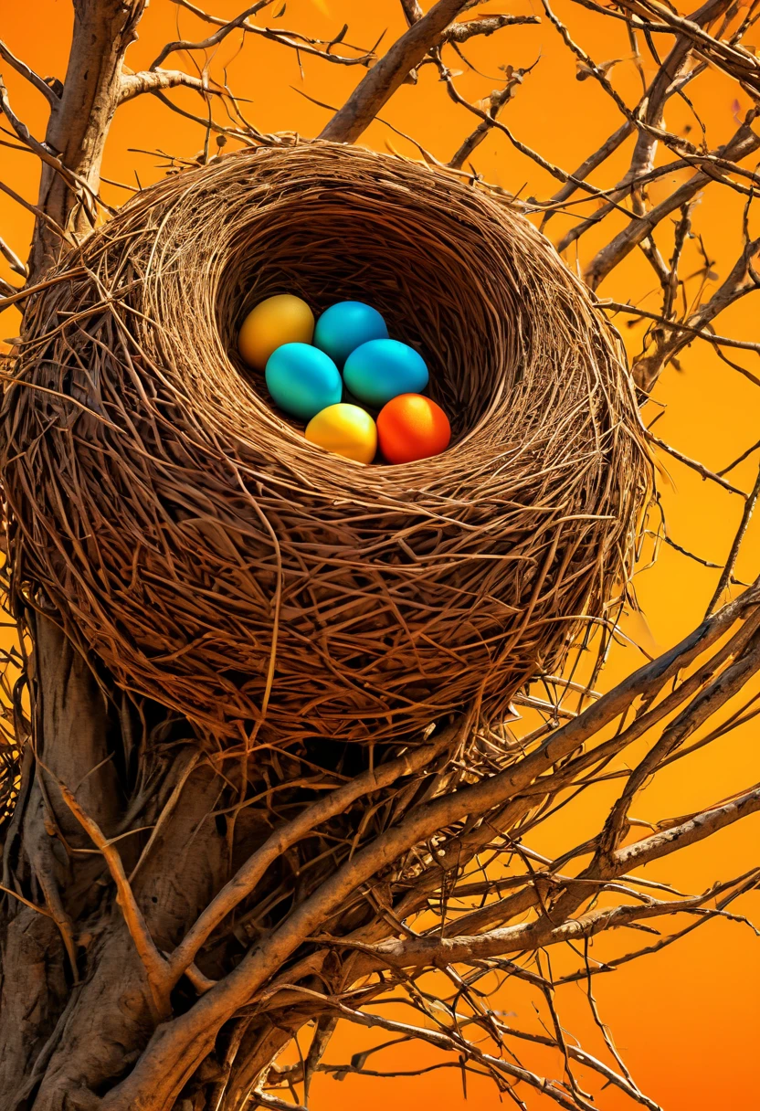 Silhouette of bird nest, inspired by Sam Toft, panoramic, Ultra high saturation, bright and vivid colors, intricate, (best quality, masterpiece, Representative work, official art, Professional, 8k)