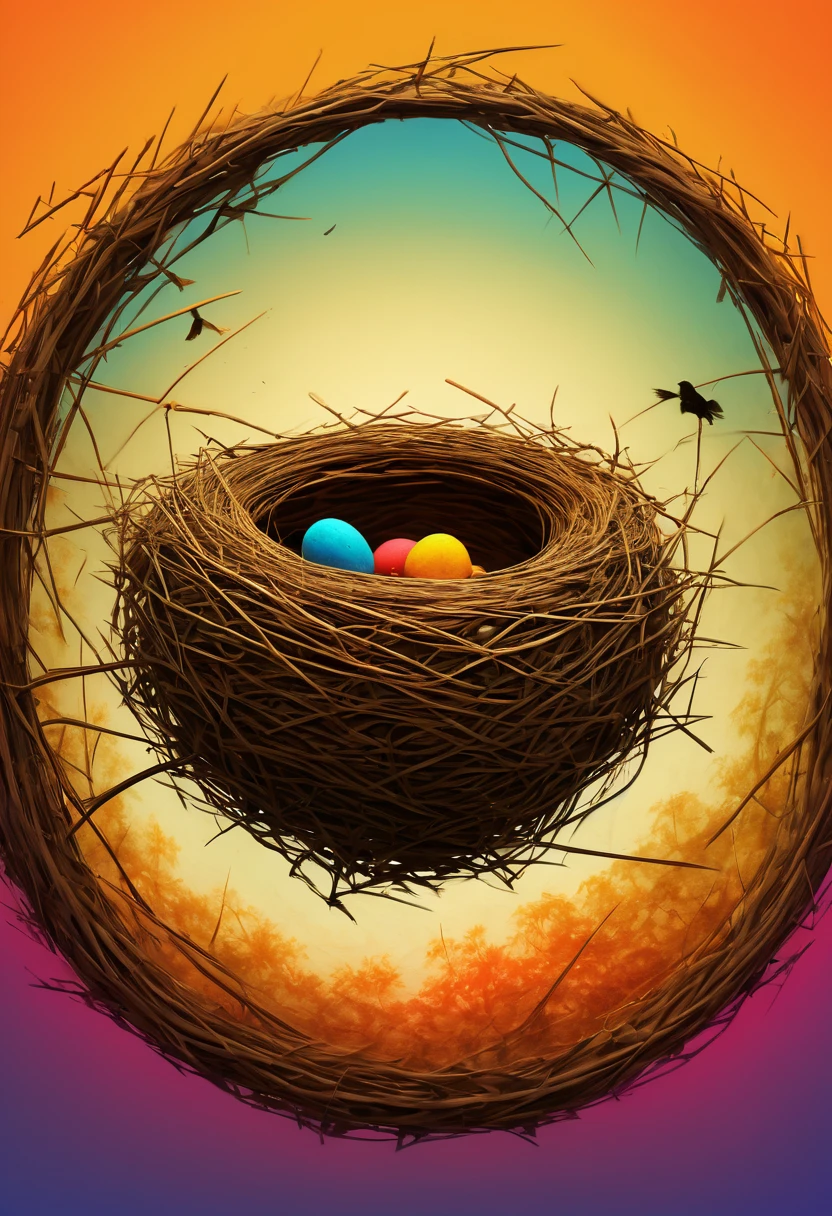 Silhouette of bird nest, inspired by Sam Toft, panoramic, Ultra high saturation, bright and vivid colors, intricate, (best quality, masterpiece, Representative work, official art, Professional, 8k)
