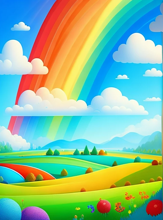 A landscape with a bright blue sky and a rainbow that stretches over a lush green field. Each color of the rainbow is well defined and intense, magica, children's picture book
