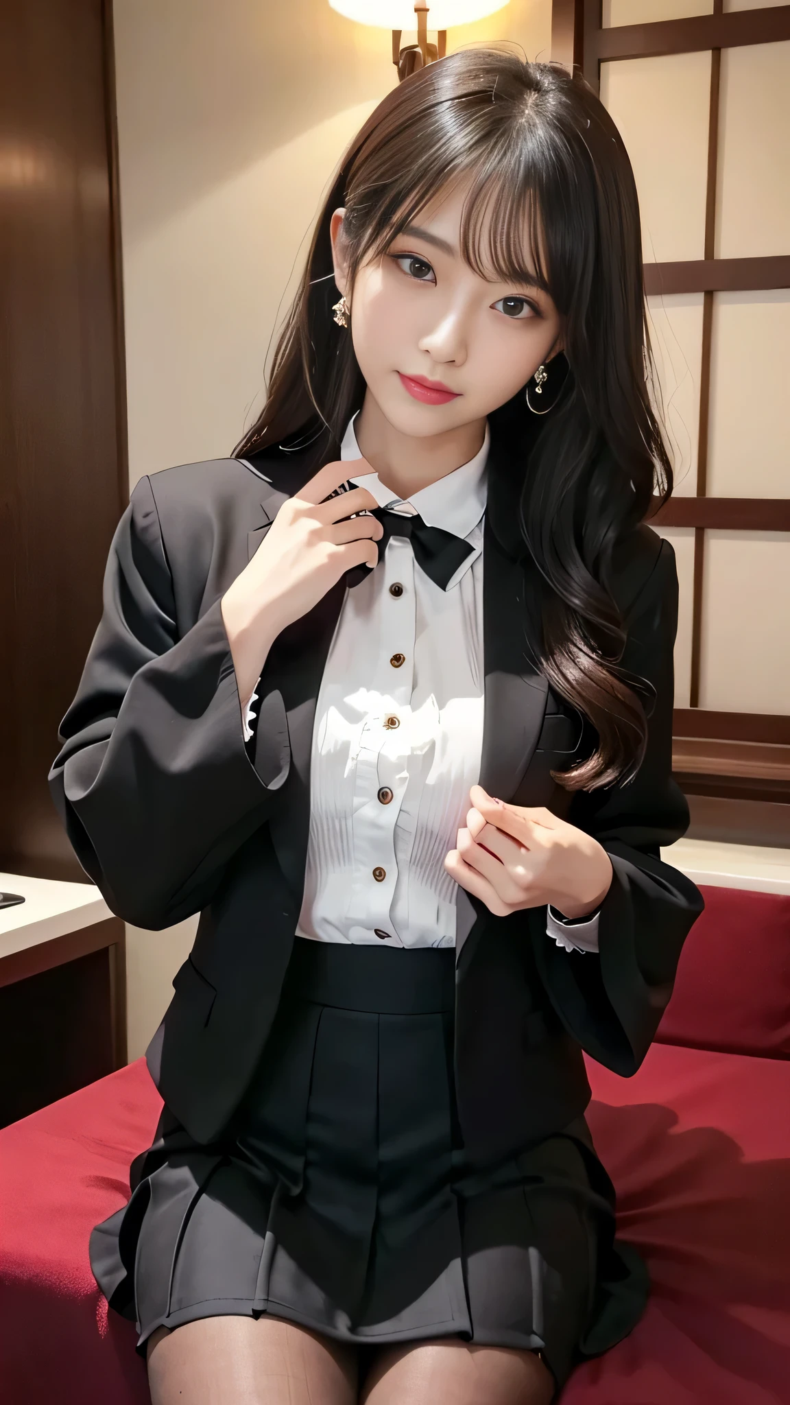 Super detailed、Japanese、charming beauty、Dainty woman、sharp eyes、cool girl、wavy hair、suit、Black chiffon、lacy fabric、wide sleeve、Jacket、white blouse、flare skirt、pantyhose、Shiny legs、evilの幹部、evil depravity、brainwashing、Mind control、lipstick、have lip gloss、grin、邪evilなな表情、evil、empty eyes、邪evilな、Hotel、seductive pose