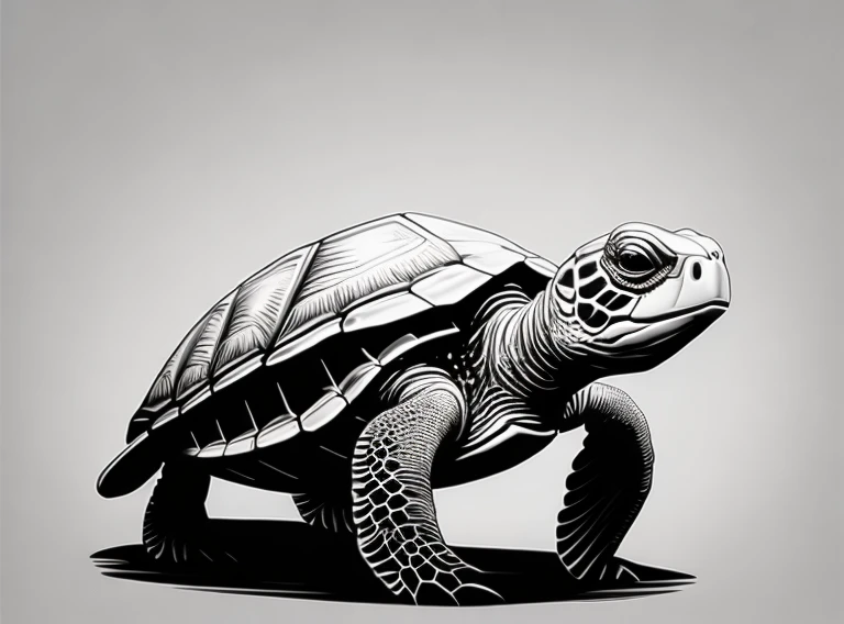 turtle walking, quality, drawing, line doodle, monochrome scheme, no background, classic style