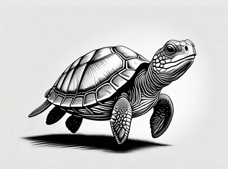 turtle walking, quality, drawing, line doodle, monochrome scheme, no background, classic style