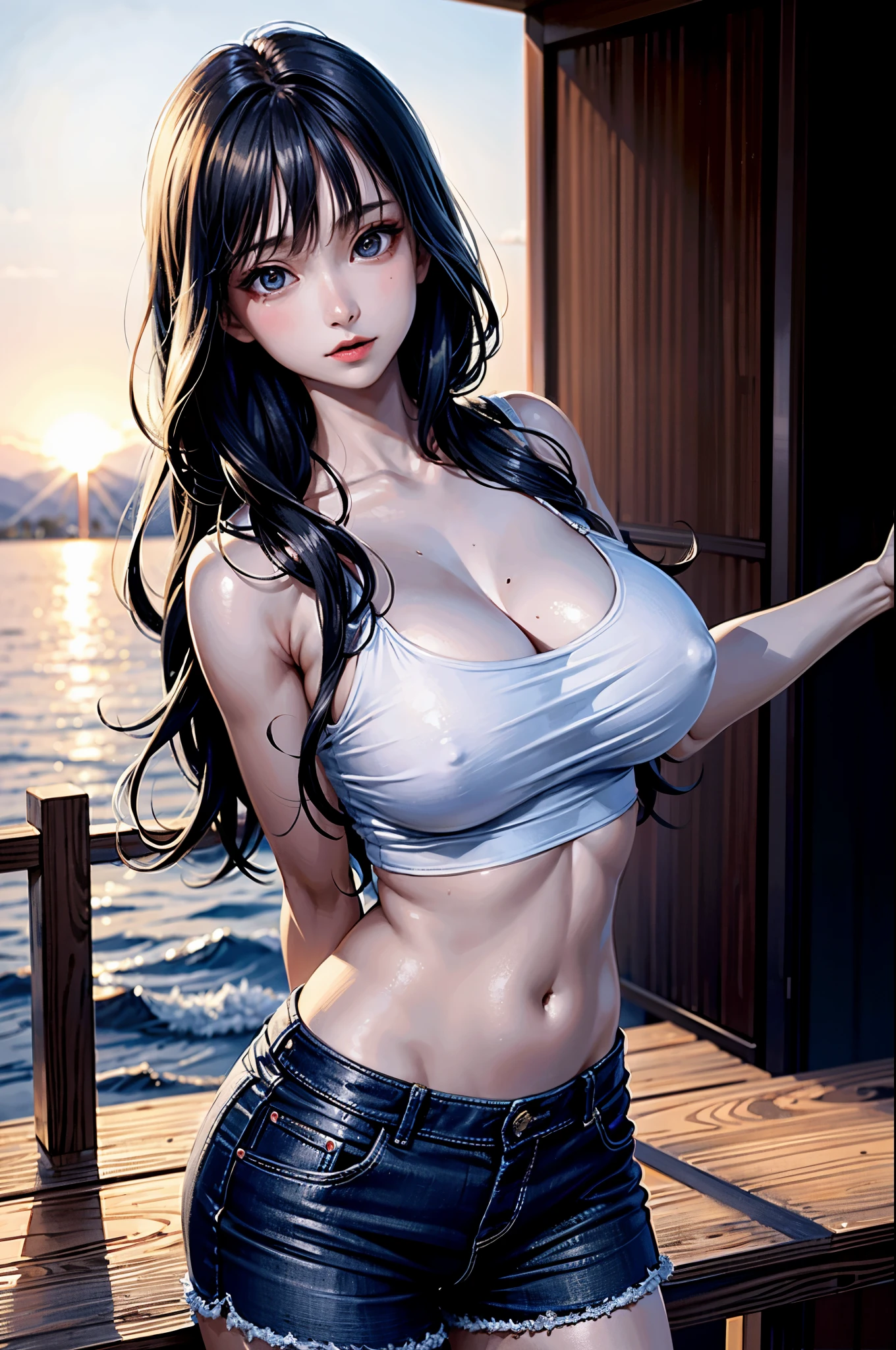 （realistic lighting， high resolution;：1.3）， 1 girl with a perfect body， super fine face and eyes，Long black hair， red Tank top， shorts， on a pier， tits huge，Cleavage exposure，（Eurasian jav：1.5）， full body shot， masterpiece， best quality， Raw-Photo， realistic lighting， detailed face， Unbelievably ridiculous resolution， depth of fields， high resolution;， ultra - detailed， fine detail， very very detailed， extremely detailed eyes and face， sharp pupils， Realistic student， Clear Focus Lock， cinematic lightings, 