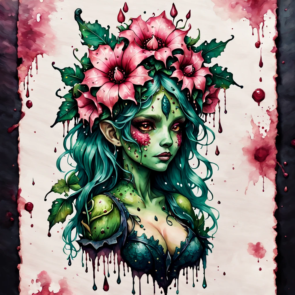 A blue-green skinned Alraune monster girl with a huge pink rafflesia flower topped with a darker pink flower with jagged leaves on her head and back and vines snaking out and dressed in leaf armor, ink style, ink stains