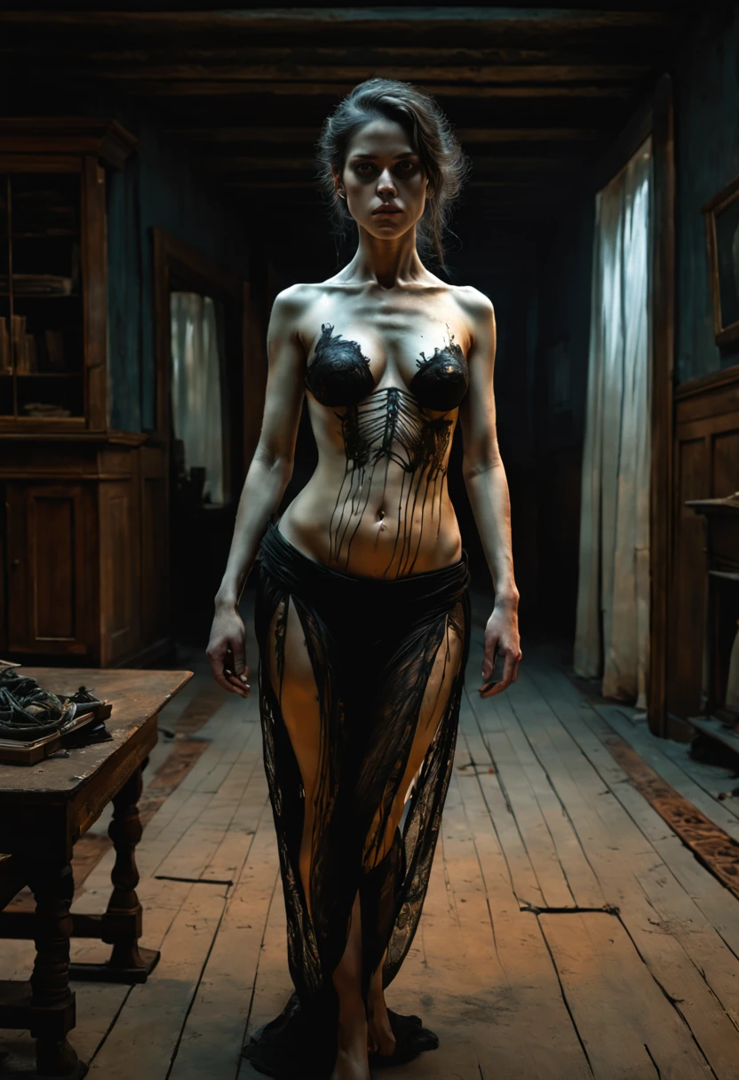 Full length view. Selfie from hell. sinful soul, graceful figure. Beautiful cinematic impressionist painting, Dark Gloomy Creepy Character, in the style of Jeremy Mann and Charles Dana Gibson, Mark Demsteader, Paul Hedley. Atrovirene tone, ultra HD 8k, photorealism, ultra-detailed, 8k/bipoc women, full-length, refractogram, photonegative --ar 8:10 --v 6.0...cyberbiochemical art, ideal body anatomy, whole body, photonegative refractography -- ar 3:5 --s 50.
