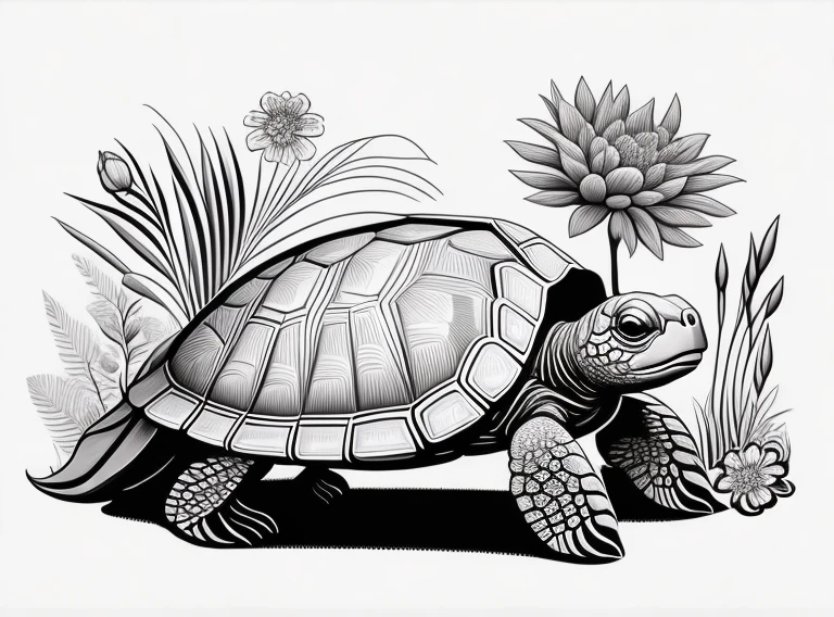turtle walking surround by flowers and plants, quality, drawing, line doodle, monochrome scheme, no background, classic style