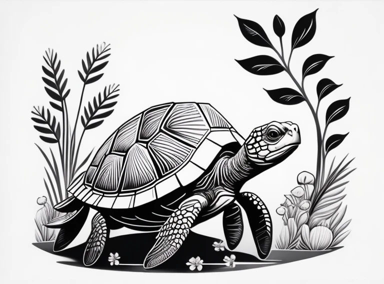 turtle walking surround by flowers and plants, quality, drawing, line doodle, monochrome scheme, no background, classic style