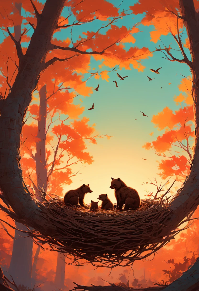 Pixar style, a Bear careful approaching the hive, bees are around the hive, hive on a tree, panoramic, Ultra high saturation, bright and vivid colors, intricate, (best quality, masterpiece, Representative work, official art, Professional, 8k)