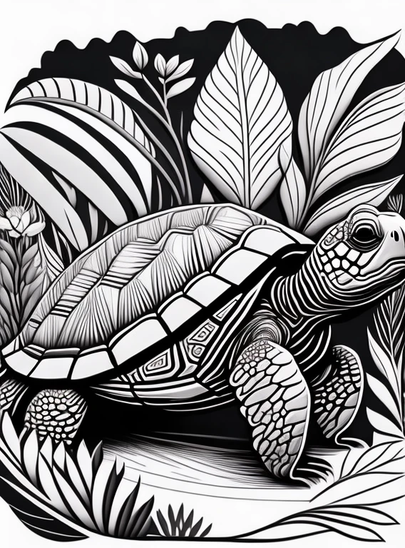 turtle walking surround by flowers and plants, quality, drawing, line doodle, monochrome scheme, no background, classic style