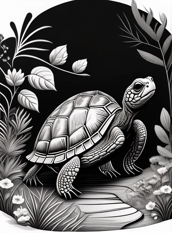 turtle walking surround by flowers and plants, quality, drawing, line doodle, monochrome scheme, no background, classic style
