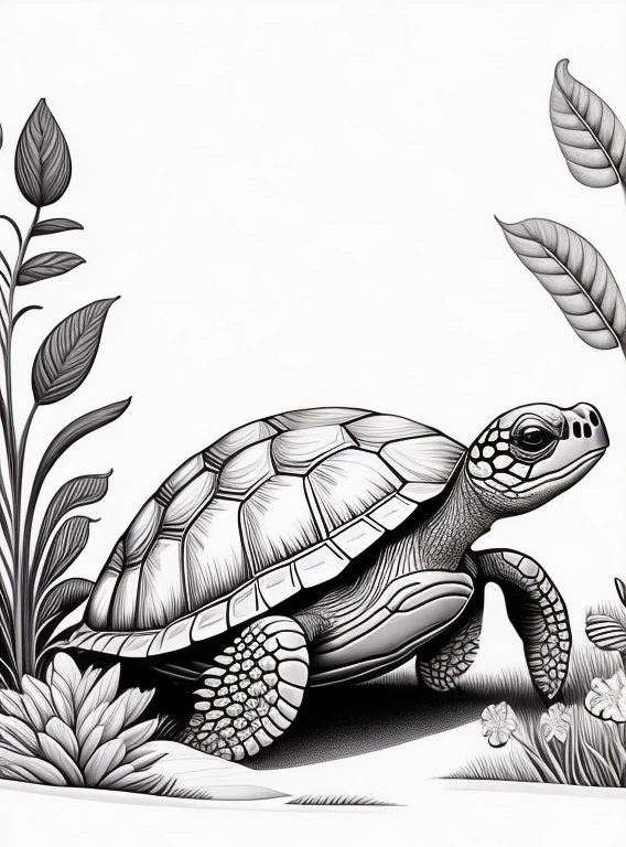 turtle walking surround by flowers and plants, quality, drawing, line doodle, monochrome scheme, no background, classic style