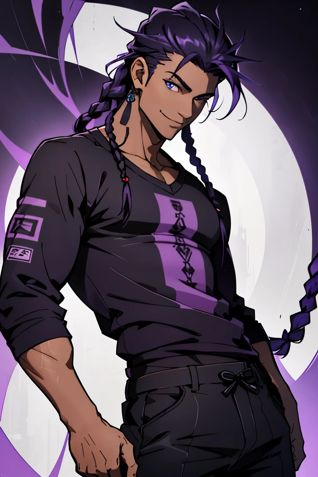 black young man, black and purple hair with two braids, olhos purpura, camiseta branca, black pants, sorriso arrogante, hunter's eyes, face calma,