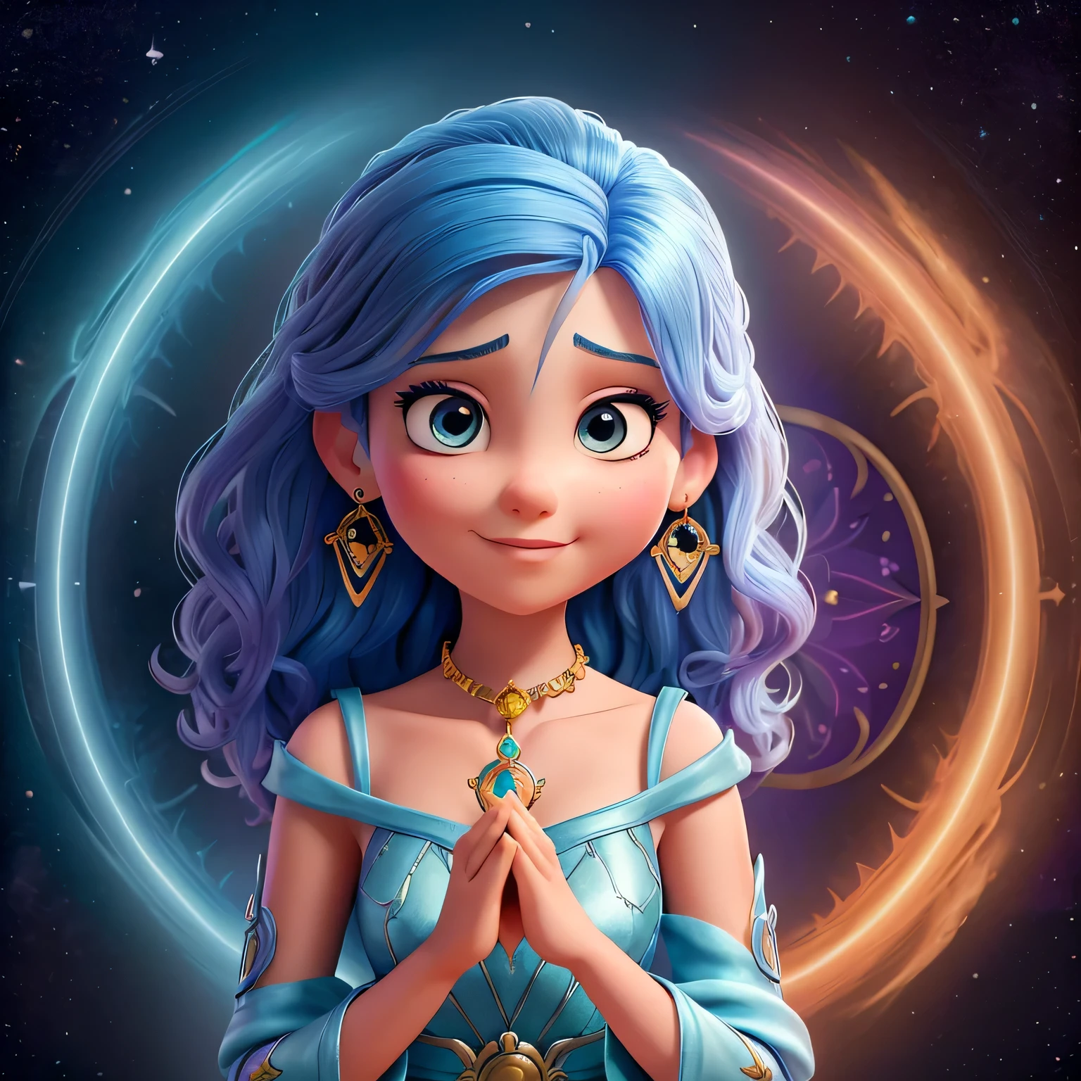 holding four tarot cards with hands raised,Como um habilidoso artista visual da Disney-Pixar, Your task is to create a captivating representation of a tarot professional's face. Specialized in tarot reading, She infuses a magical approach into her interpretations. Shape your facial features to convey warmth, encantamento, e expressividade. detalhes adicionais (opcional): Add a magical touch by incorporating tarot-related elements. Imagine her holding four ethereal tarot cards in her upraised hands. Make sure your facial expression communicates a blend of wisdom, Curiosidade, e uma pitada de magia. Consider including accessories like mystical earrings or bracelets that complement the Disney-Pixar style..