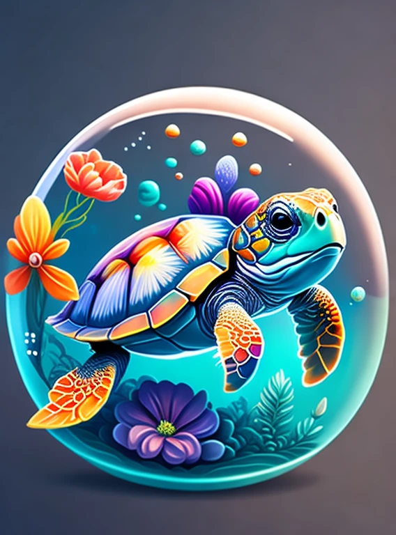 chibi sea turtle, air bubble, flowers, vivid color, color splash, cute, illustrator, digital art, image for t-shirt design