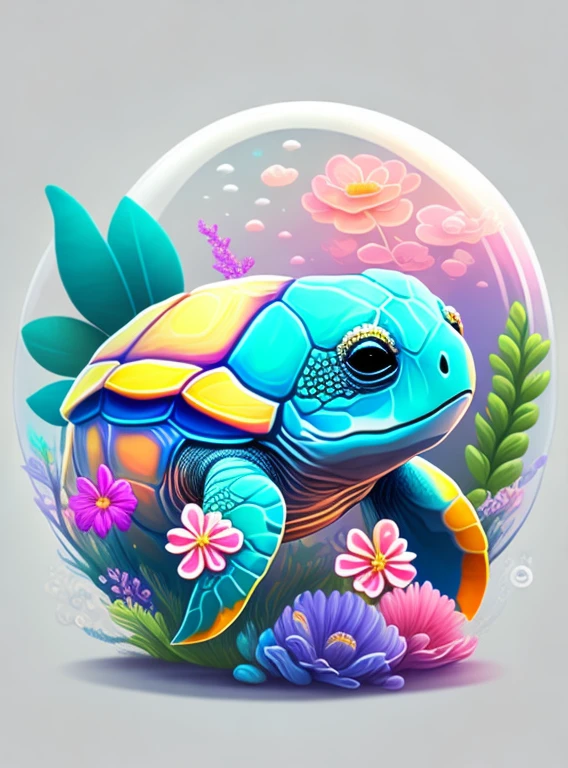 chibi sea turtle, air bubble, flowers, vivid color, color splash, cute, illustrator, digital art, image for t-shirt design