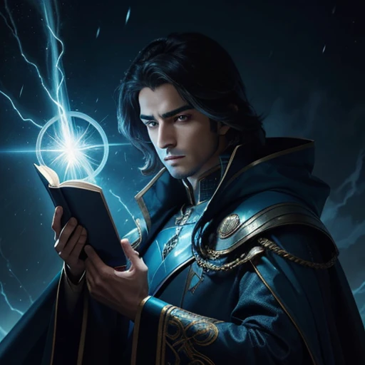 A close-up of a book cover, a man in a blue-cyan cape, album cover, Maya Ali as a Storm Wizard, Reincarnation of Fate, the only beam in the darkness