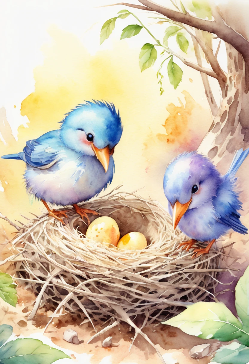 Digging out bird nest, Watercolor children's illustration, panoramic, Ultra high saturation, bright and vivid colors, intricate, (best quality, masterpiece, Representative work, official art, Professional, 8k)