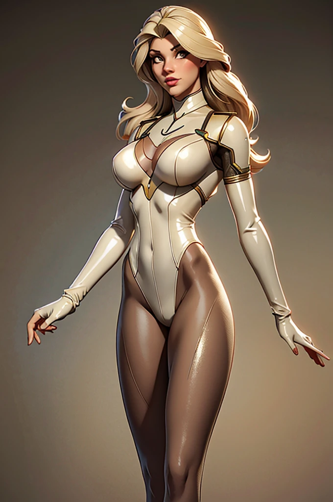 (best quality,8k:1.2,high resolution:1.2),ultra-detalhado,character design sheet,Realistic,retro science female,walking in direction to observer,long hair,rosto extremamente detalhados,long eyelashes,all sheer light beige Collant de nylon Apertado,beige pantyhose,sheer gloves,Glossy metalic accessories,Physically-based rendering,foco nítido,studio lighting