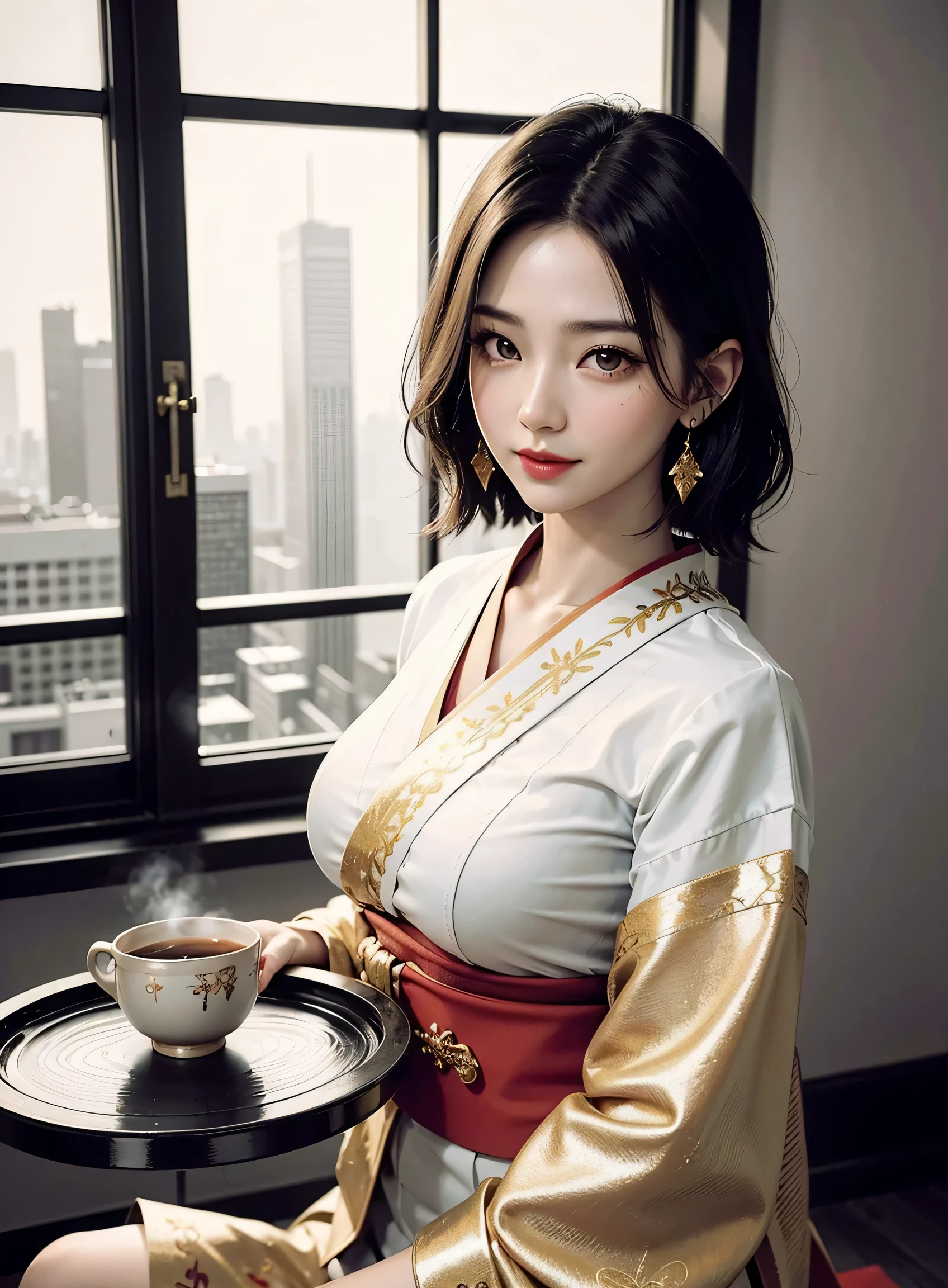 sfw, girl, black hair, wavy short hair, bright red lips, shiny lips, shiny skin, shiny eyes, closed mouth, (half closed eye), inviting smile, (stylish and captivating white kimono with gold embroidery:1.2), seiza, (traditional round table), place a tray on one's thighs, (traditional yunomi on table, green tea, steam from the traditional yunomi), hanging scroll, shoji, (traditional and formal Japanese house), (sophisticated city skyscrapers glittering outside the window:1.3), (close up face:1.2), dynamic angle, from side, depth of field, (monochrome:1.4), (flat color:1.3), (emphasize only red and gold:1.3), correct body structure, 8k, RAW photo, (high detailed skin:1.2), 8k UHD, DSLR, soft lighting, high quality, film grain, Fujifilm XT3, RAW candid cinema, 16mm, color graded portra 400 film, remarkable color, ultra realistic, textured skin, remarkable detailed pupils, realistic dull skin noise, visible skin detail, skin fuzz, dry skin, shot with cinematic camera, ((Full-Body Shot)), detailed skin texture, (blush:0.5), subsurface scattering, wearing bra,((skinny waist)), young asian girl, ((big )),