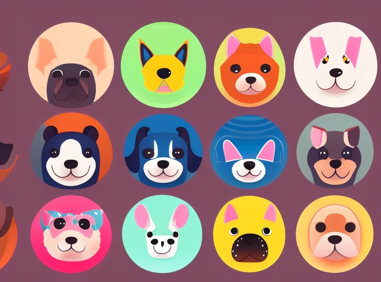 There are a lot of different colors of dogs with pencils on the plate, cute detailed digital art, cute detail artwork, cute pictograms, cute digital art, cute digital painting, cute color cute, inspired by Chai Mansion, mobile game art, colorful dogs, cute faces, cute creatures, inspired by Murakami, cute characters 