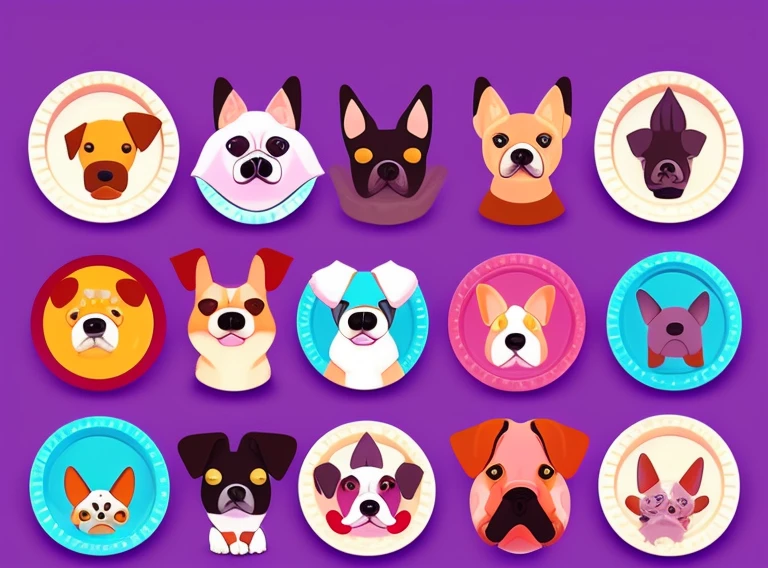 There are a lot of different colors of dogs with pencils on the plate, cute detailed digital art, cute detail artwork, cute pictograms, cute digital art, cute digital painting, cute color cute, inspired by Chai Mansion, mobile game art, colorful dogs, cute faces, cute creatures, inspired by Murakami, cute characters