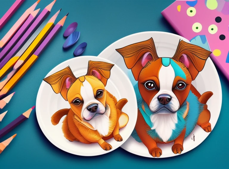 There are a lot of different colors of dogs with pencils on the plate, cute detailed digital art, cute detail artwork, cute pictograms, cute digital art, cute digital painting, cute color cute, inspired by Chai Mansion, mobile game art, colorful dogs, cute faces, cute creatures, inspired by Murakami, cute characters