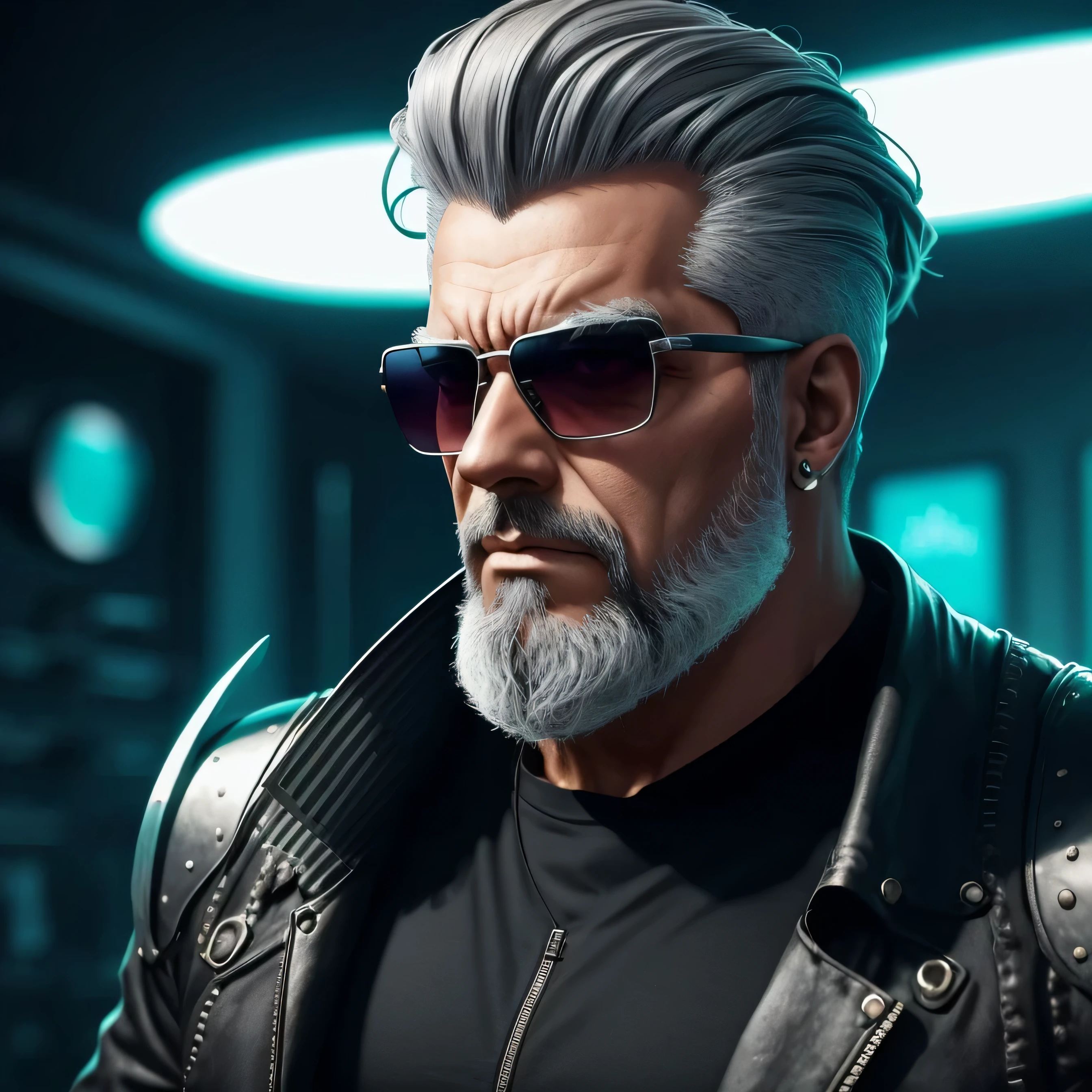 Edlintramos with grey beard and sunglasses, arte cyberpunk, arte funk, cores gradientes deslumbrantes, retrato estilizado h 704, pompadour, streamer twitch, cores frias. insanamente detalhado, t-800, sem assinatura de marca d'water, em cores ricas, ultrapassado
