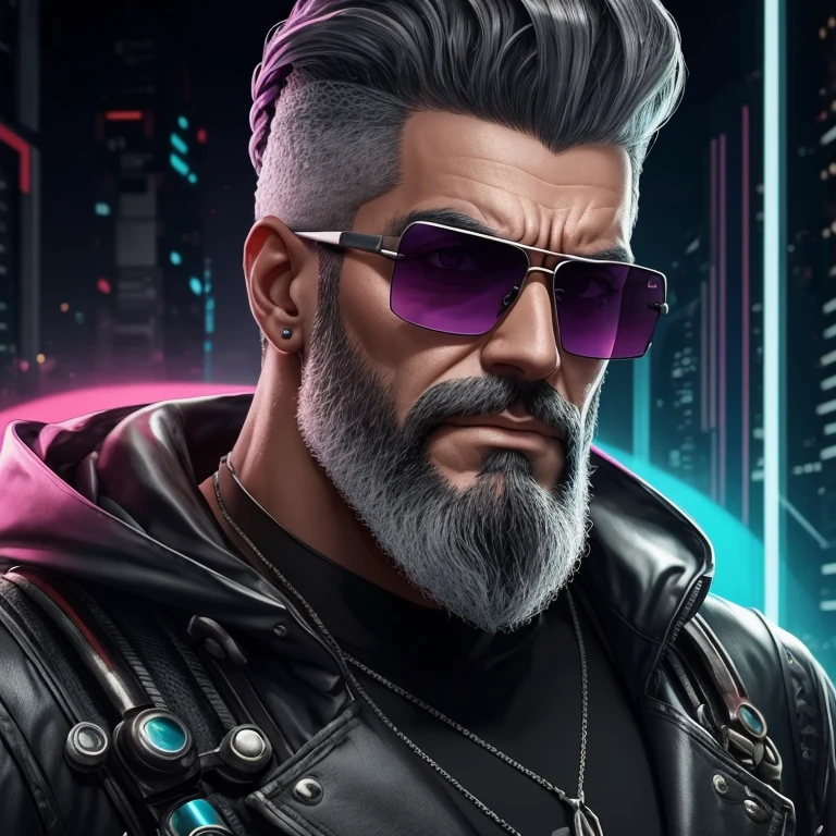 Edlintramos with grey beard and sunglasses, arte cyberpunk, arte funk, cores gradientes deslumbrantes, retrato estilizado h 704, pompadour, streamer twitch, cores frias. insanamente detalhado, t-800, sem assinatura de marca d'water, em cores ricas, ultrapassado