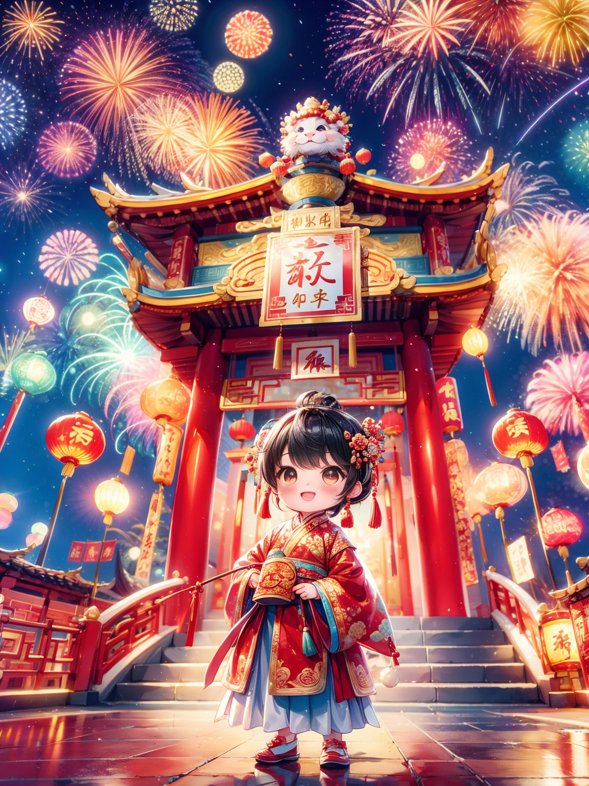 Extremely cute toddler princess, Chinese dragon, Chinese New Year celebration, full of traditional holiday elements like fireworks, firecrackers and red spring couplets