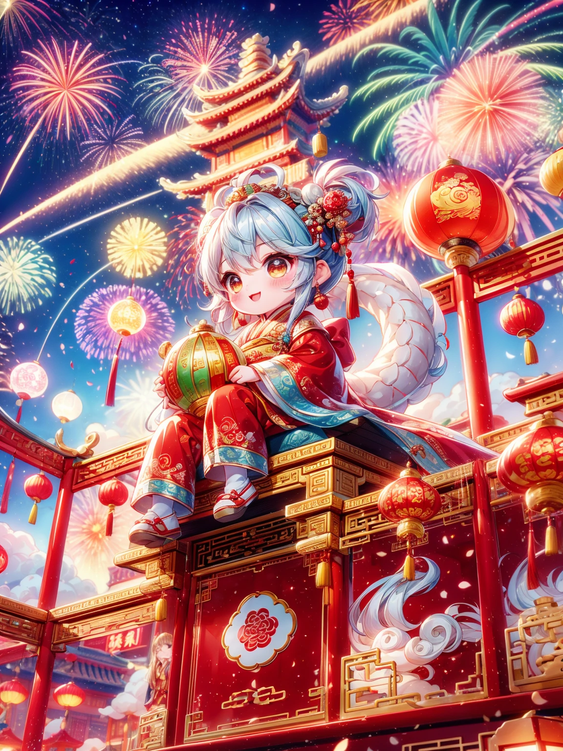 Extremely cute  princess, Chinese dragon, Chinese New Year celebration, full of traditional holiday elements like fireworks, firecrackers and red spring couplets