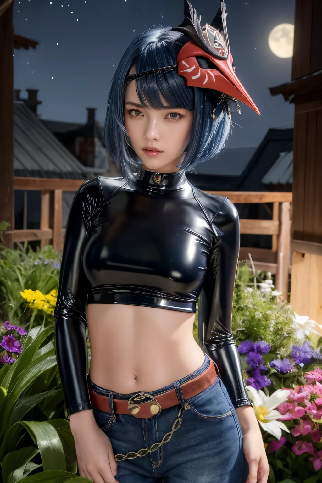 1girl, ((long sleeved latex top, long blue jeans)), ((midriff, navel, upper body)), belt, best quality, masterpiece, high details, looking at viewer, standing, garden, night sky, mask on head, blue hair, short hair, yellow eyes