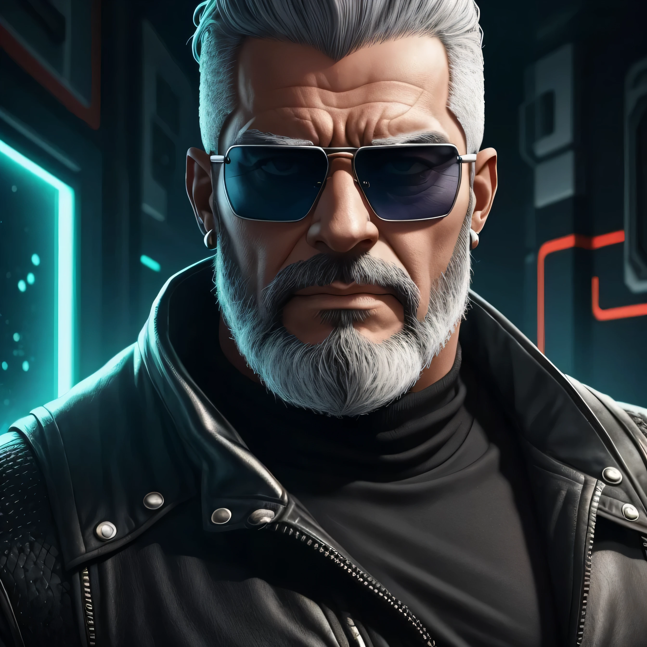 Edlintramos with grey beard and sunglasses, arte cyberpunk, arte funk, cores gradientes deslumbrantes, retrato estilizado h 704, pompadour, streamer twitch, cores frias. insanamente detalhado, t-800, sem assinatura de marca d&#39;water, em cores ricas, ultrapassado 