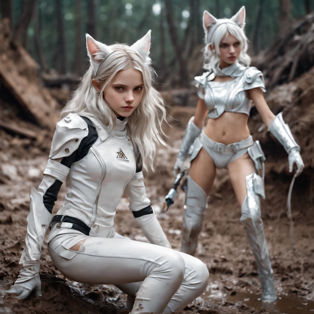 On a muddy battlefield, in an apocalyptic scene, a 13 year old catgirl officer who is the perfect likeness of SandraOv4, with white cat ears, wearing a silver and white vaultsuit with iridescent white hair rallies her fellow 13 year old vaultgirl troops for the next charge, dynamic pose, masterpiece, 4k, dynamic shadows, cinematic, photographic.